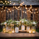 An image showcasing a picturesque wooden barn backdrop adorned with whimsical string lights, mason jar centerpieces filled with delicate wildflowers, and a vintage wooden sign welcoming guests to a rustic wedding wonderland