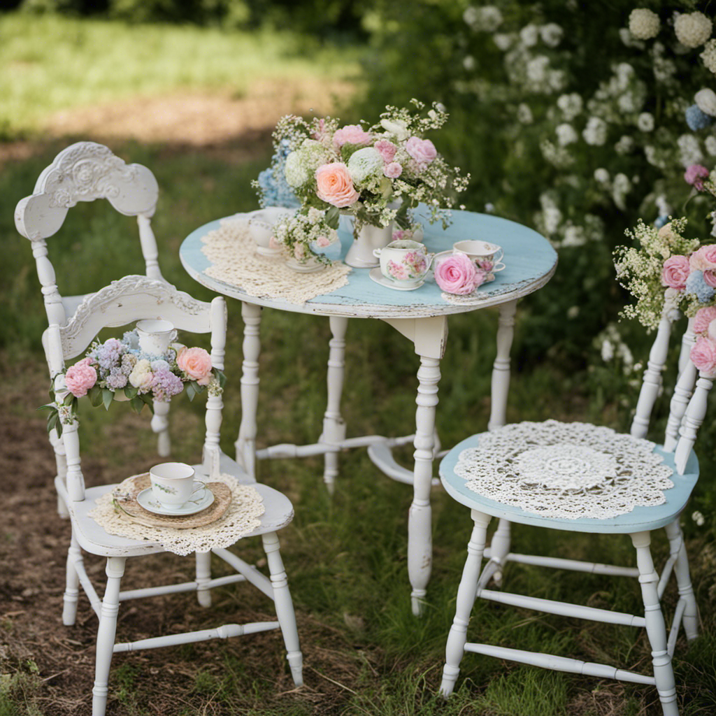 An image showcasing a worn, distressed wooden table adorned with delicate lace doilies, vintage teacups filled with wildflowers, and mismatched chairs painted in pastel hues, perfectly embodying the essence of shabby chic decor