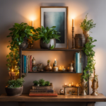 An image showcasing a beautifully arranged shelf with a mix of decorative items such as a potted green plant, vintage books with colorful spines, a framed artwork, ornamental vases, and a string of fairy lights adding a warm glow