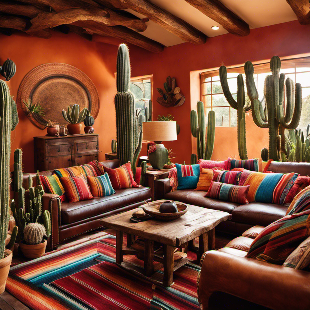 An image showcasing a vibrant, sun-drenched living room with adobe walls, rustic wooden beams, and colorful serape textiles draped over a cozy leather sofa