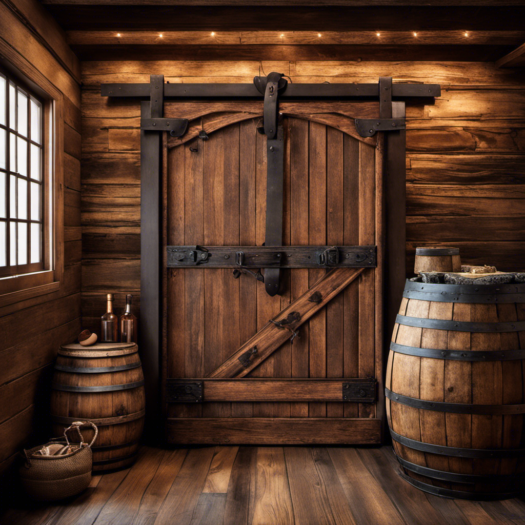 An image featuring a rustic wooden barn door adorned with wrought iron hinges, surrounded by aged whiskey barrels, a weathered leather saddle, and a vintage cowboy hat, showcasing the essence of building Western decor