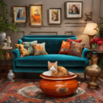 An image that showcases a cozy living room with a playful feline lounging on a vibrant soup-patterned sofa, surrounded by tastefully arranged decorative items that perfectly blend cats and soup motifs