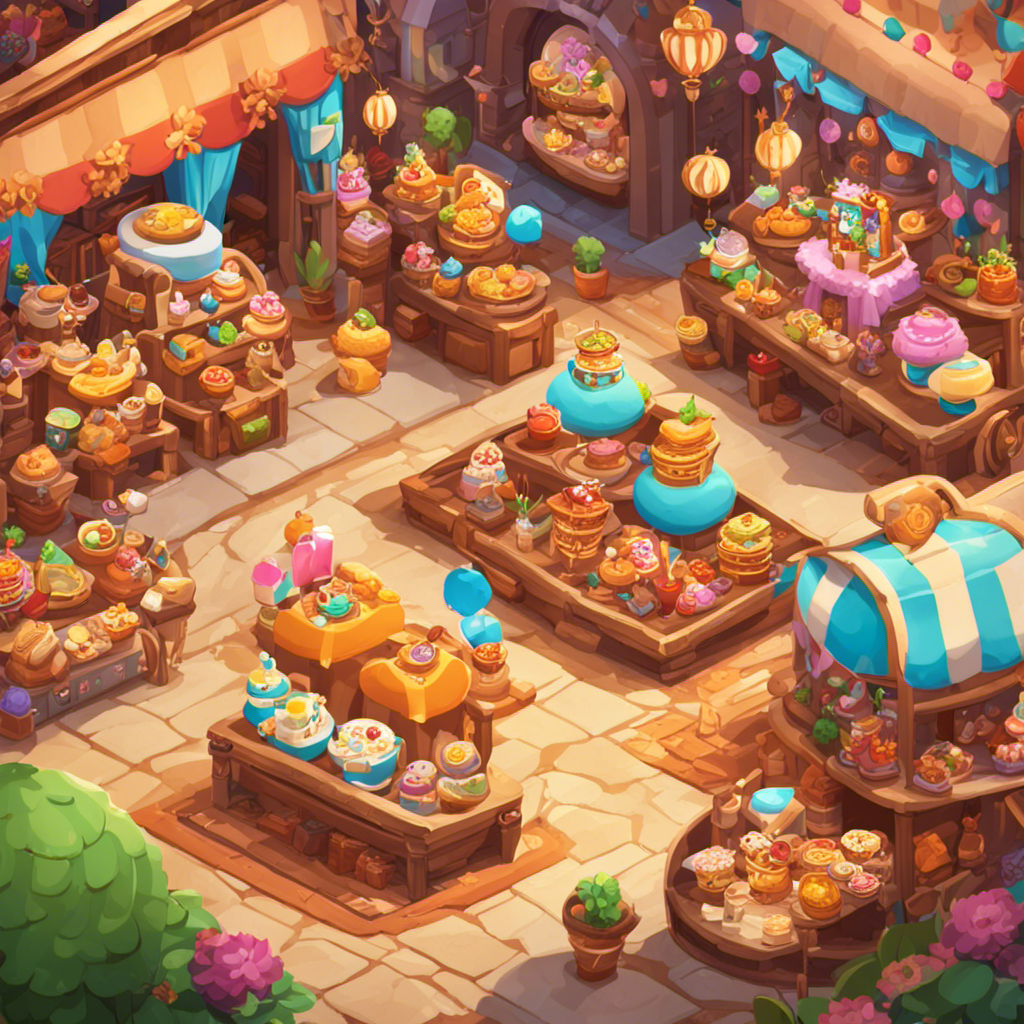 An image showcasing a vibrant Cookie Run Kingdom marketplace, teeming with colorful stalls adorned with whimsical decor items like plush cushions, sparkling chandeliers, intricately patterned rugs, and enchanting wall art