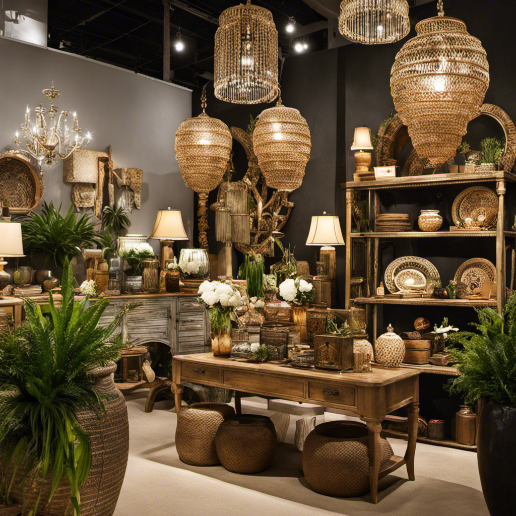 An image showcasing a bustling wholesale home decor market, with vendors offering a vast array of stylish furniture, exquisite lighting fixtures, vibrant textiles, and unique decorative accents, all at discounted prices