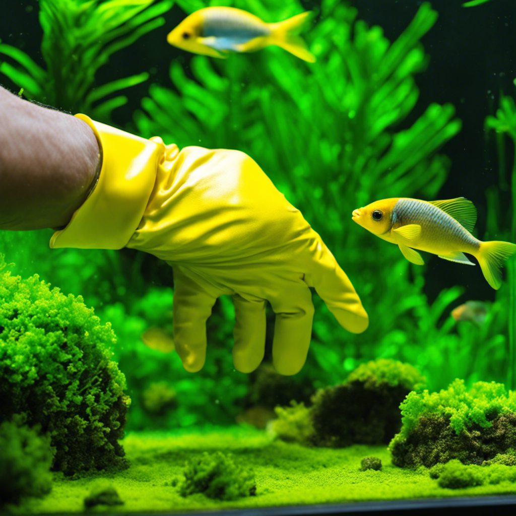 An image showcasing a hand clad in a bright yellow glove gently scrubbing intricate aquarium decor covered in green algae