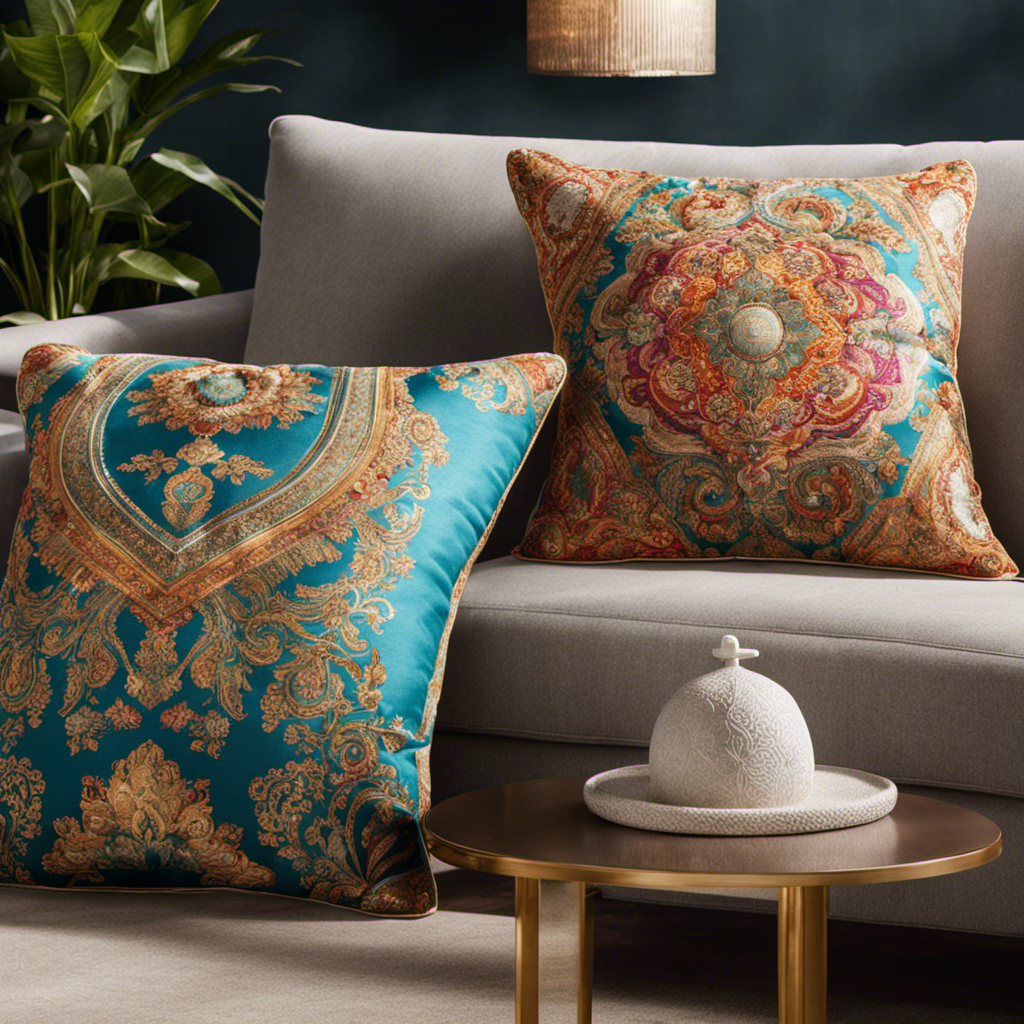 An image of two vibrant decorative pillows being gently vacuumed, showcasing a close-up view of the nozzle removing dust and debris from the intricate patterns, while soft sunlight highlights their flawless textures