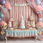 An image showcasing a beautifully decorated baby shower scene, with a charming TV covered in delicate pastel fabric, adorned with whimsical ribbons and bows, blending seamlessly with the overall decor