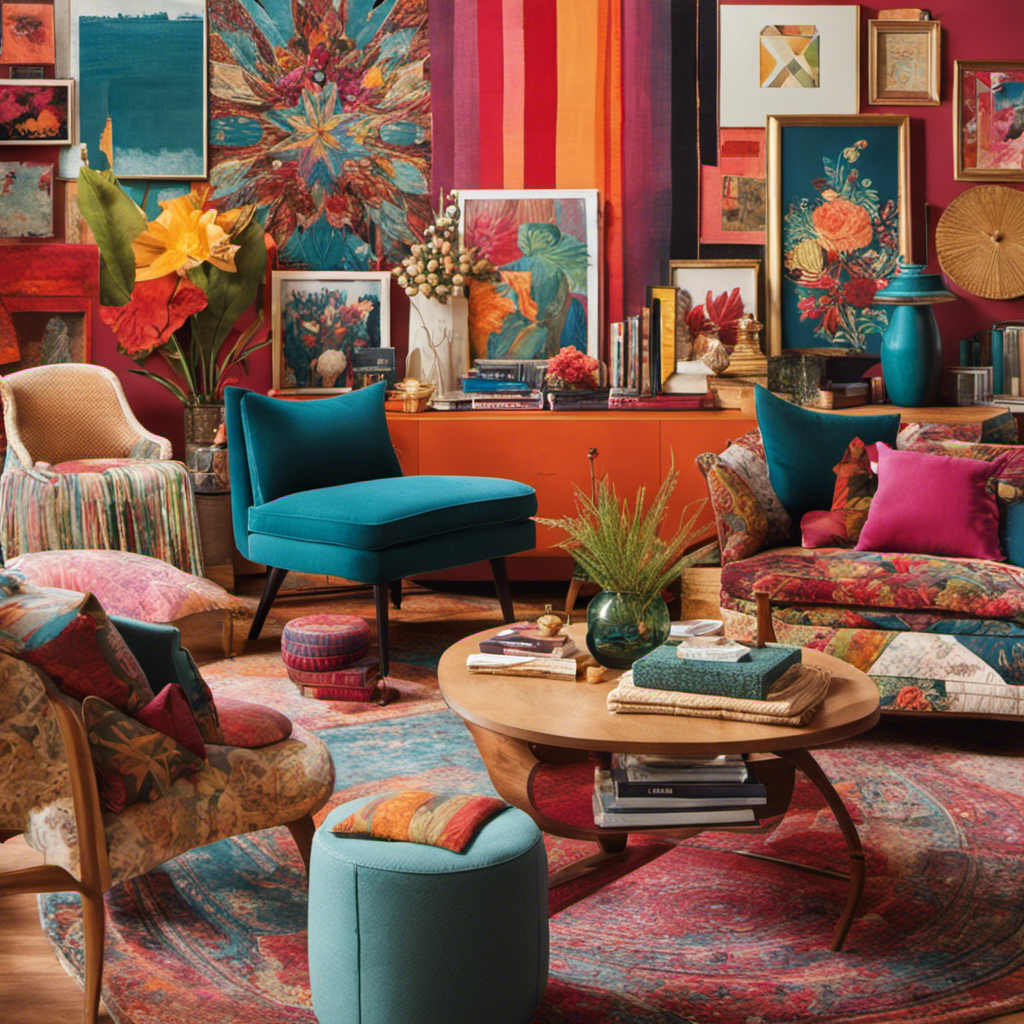 A vibrant and inspiring image showcasing a collage of eclectic home décor elements, like colorful fabric swatches, magazine cutouts of trendy furniture, and images of cozy spaces, to illustrate the process of creating a captivating vision board for your home