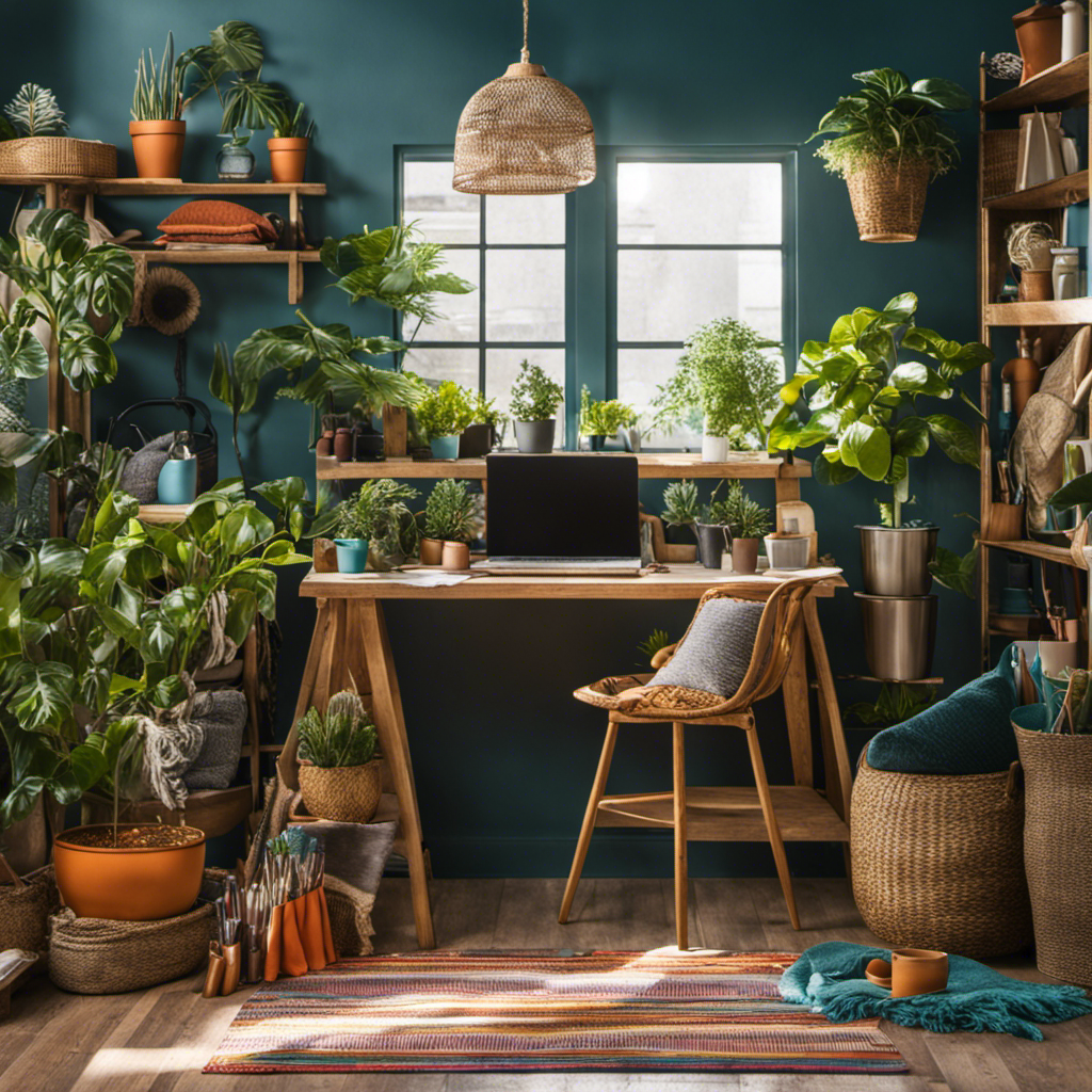 An image of a well-lit workspace with a variety of tools, including paintbrushes, fabric swatches, and a hammer, surrounded by vibrant pillows, trendy plant pots, and a stylish wall hanging, showcasing the creative process of crafting unique home decor