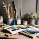 An image showcasing a well-lit workspace with a sketchbook, paintbrushes, and various fabric swatches spread out