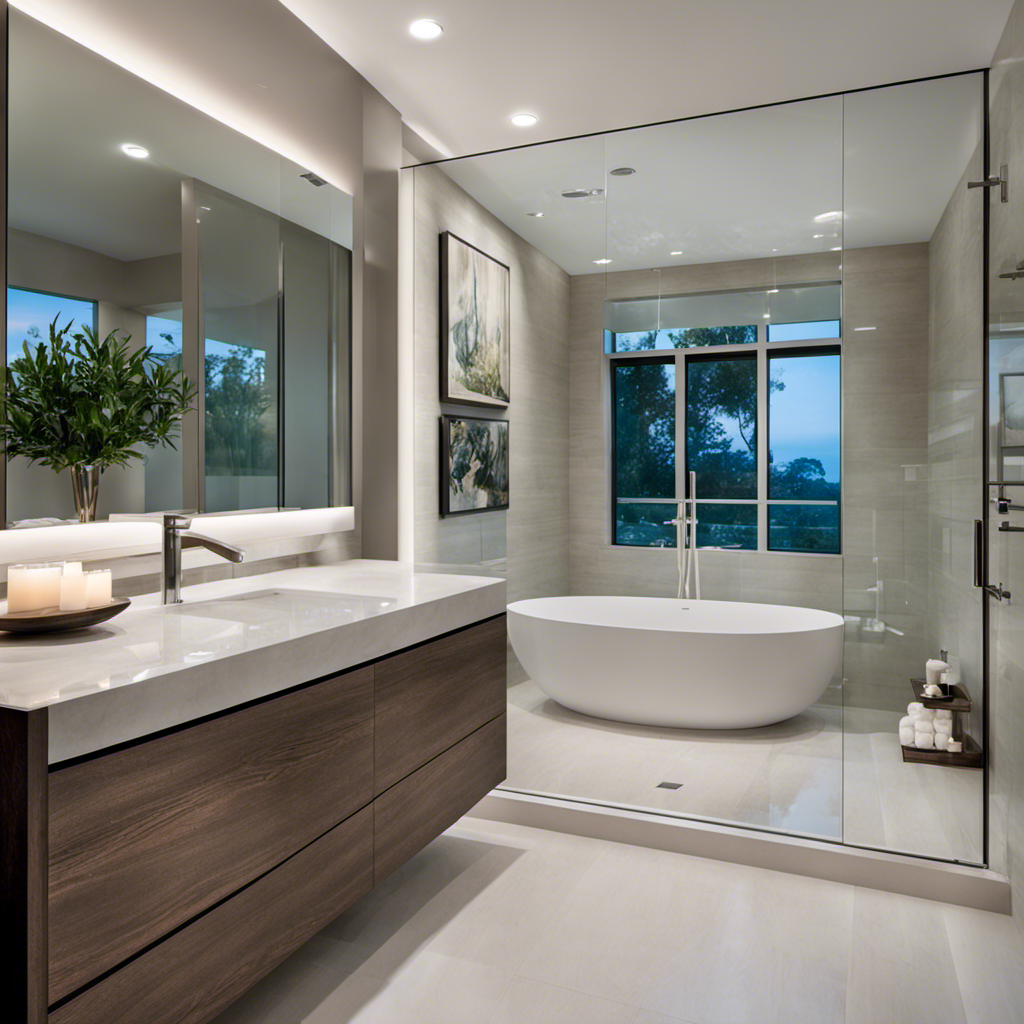 An image showcasing a serene bathroom with clean lines, featuring a contemporary freestanding tub adorned with a white fluffy towel, complemented by a glass shower enclosure and a minimalist vanity with sleek fixtures and soft ambient lighting