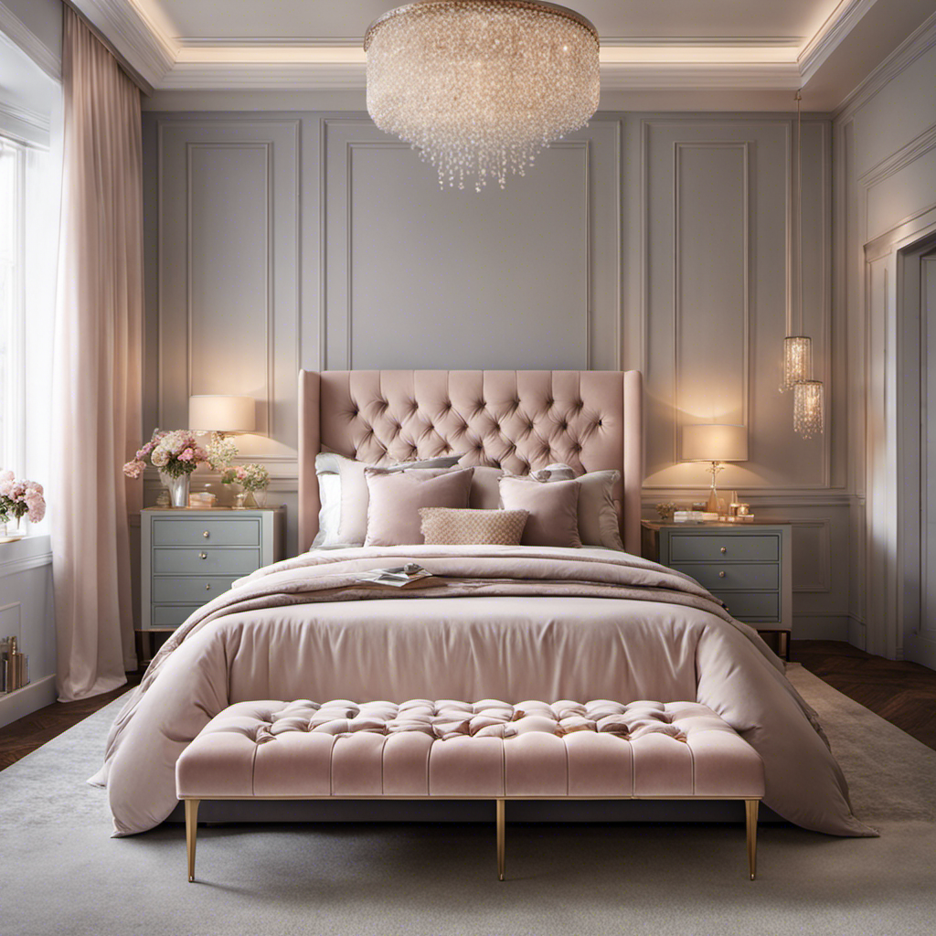 An image showcasing a serene bedroom with a plush, tufted headboard adorned in neutral tones, complemented by soft pastel-colored bedding, a cozy reading nook with a velvet armchair, and delicate fairy lights twinkling above