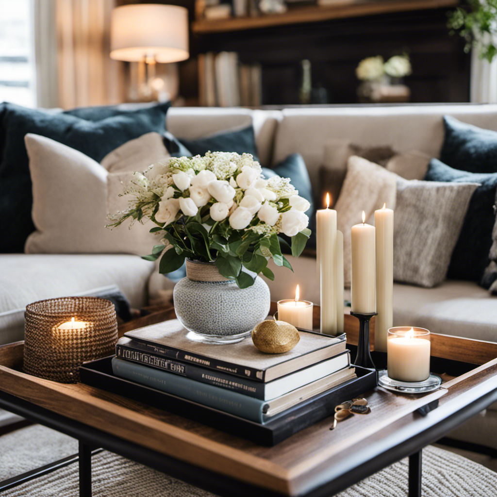 An image showcasing a beautifully styled coffee table adorned with a stack of books, a vase of fresh flowers, a tray with elegant candles, and a cozy knitted throw, exuding warmth and sophistication