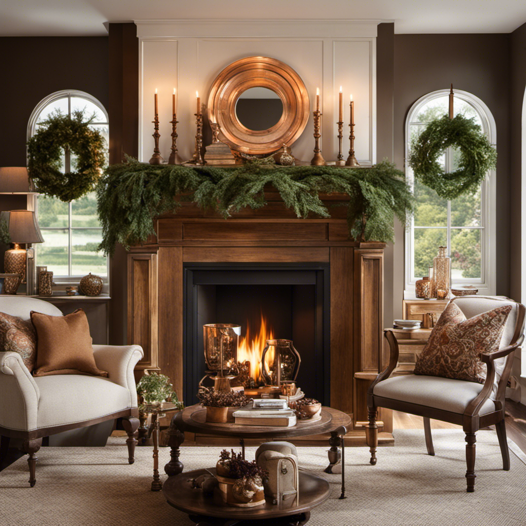 An image showcasing a cozy living room with a beautifully adorned fireplace; adorned with rustic wooden mantel, shimmering copper accents, lush greenery, and a charming display of vintage candleholders and family photographs