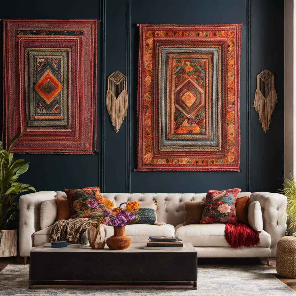 An image showcasing an expansive wall adorned with an eclectic blend of oversized, vibrant canvases, complemented by cascading wall-mounted planters, vintage sconces, and an intricately designed macrame tapestry