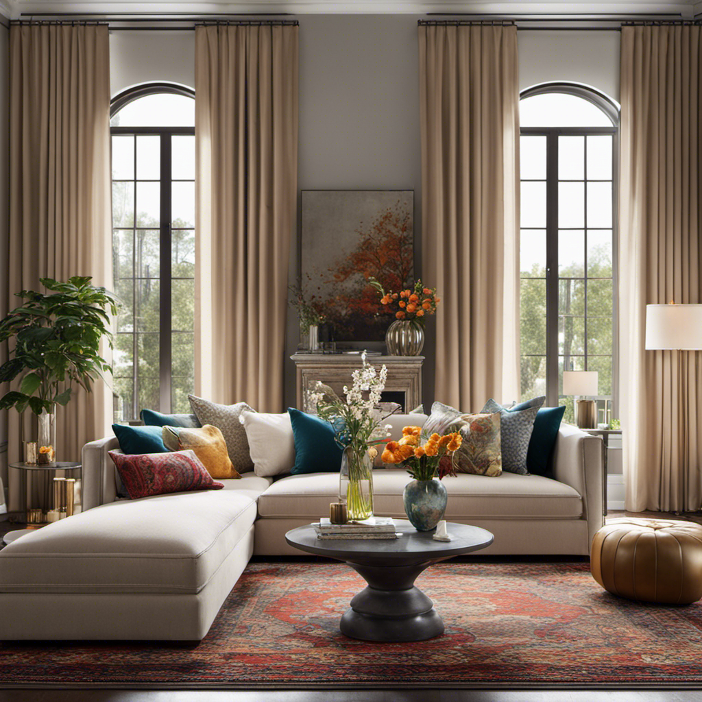 An image showcasing a cozy living room adorned with plush cushions, a chic coffee table with a decorative vase, a vibrant rug, and elegant curtains, exuding warmth and inviting relaxation