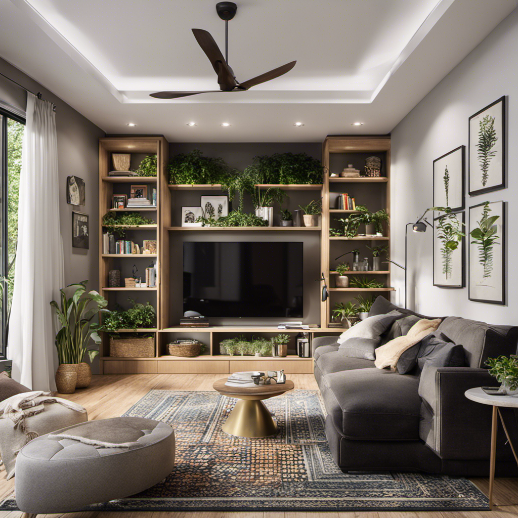 An image showcasing a cozy small living room with clever space-saving solutions and stylish decor