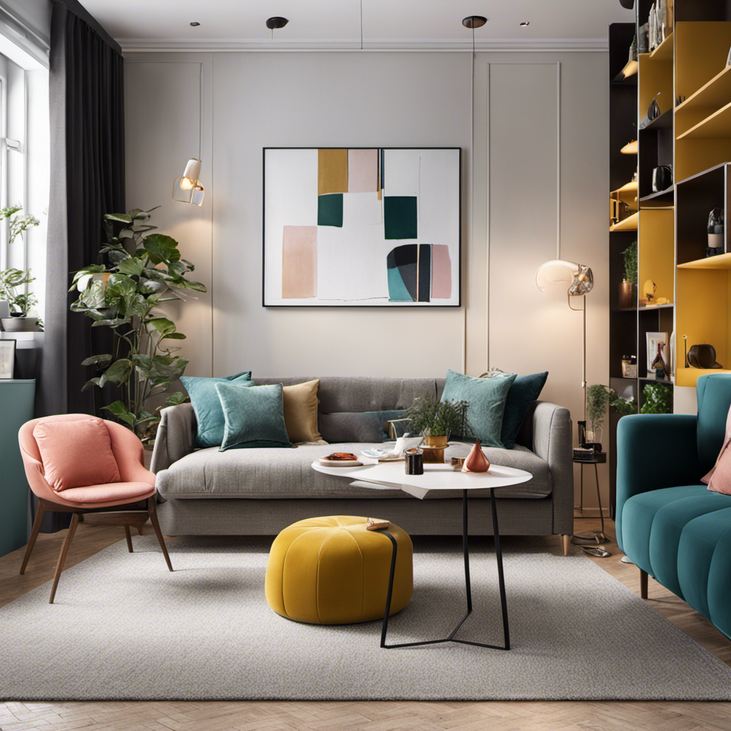 An image showcasing a cozy studio apartment transformed with smart decor choices: a multifunctional sofa bed adorned with plush cushions, a sleek dining table for two, a stylish room divider, and a gallery wall displaying vibrant artwork
