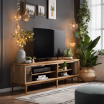 An image showcasing a beautifully styled TV stand adorned with decorative elements such as ceramic vases, wooden picture frames, lush potted plants, and a string of fairy lights, exuding a cozy and inviting atmosphere
