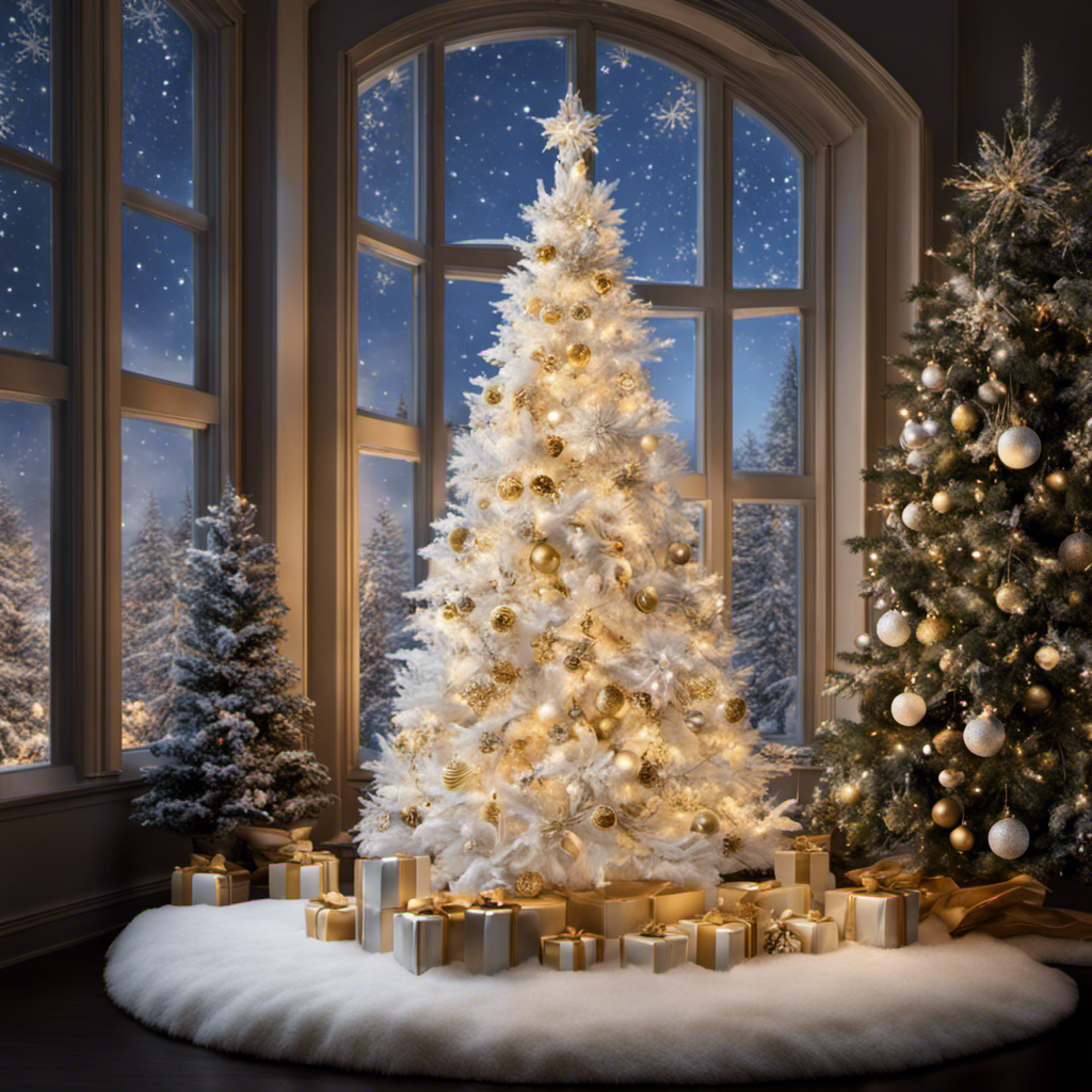 An image capturing a stunning white Christmas tree adorned with shimmering silver and gold ornaments, delicate snowflakes, and twinkling fairy lights, casting a warm glow against a backdrop of snowy windowpanes