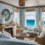 An image showcasing a serene beach-themed living room with soft blue walls, seashell curtains, and driftwood furniture
