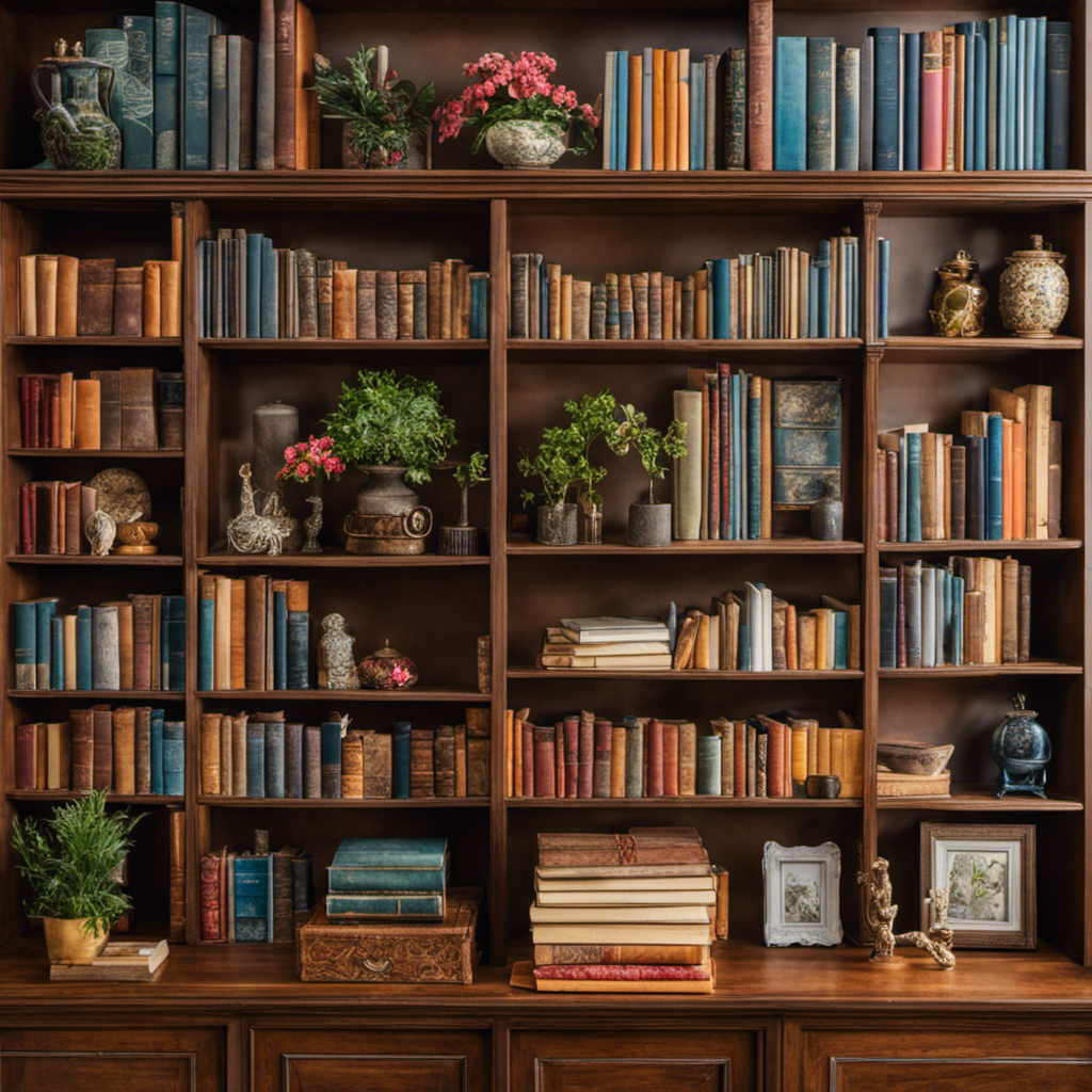 An image showcasing a beautifully organized bookshelf, adorned with a variety of books, arranged by size and color, interspersed with decorative items like vases, figurines, and plants