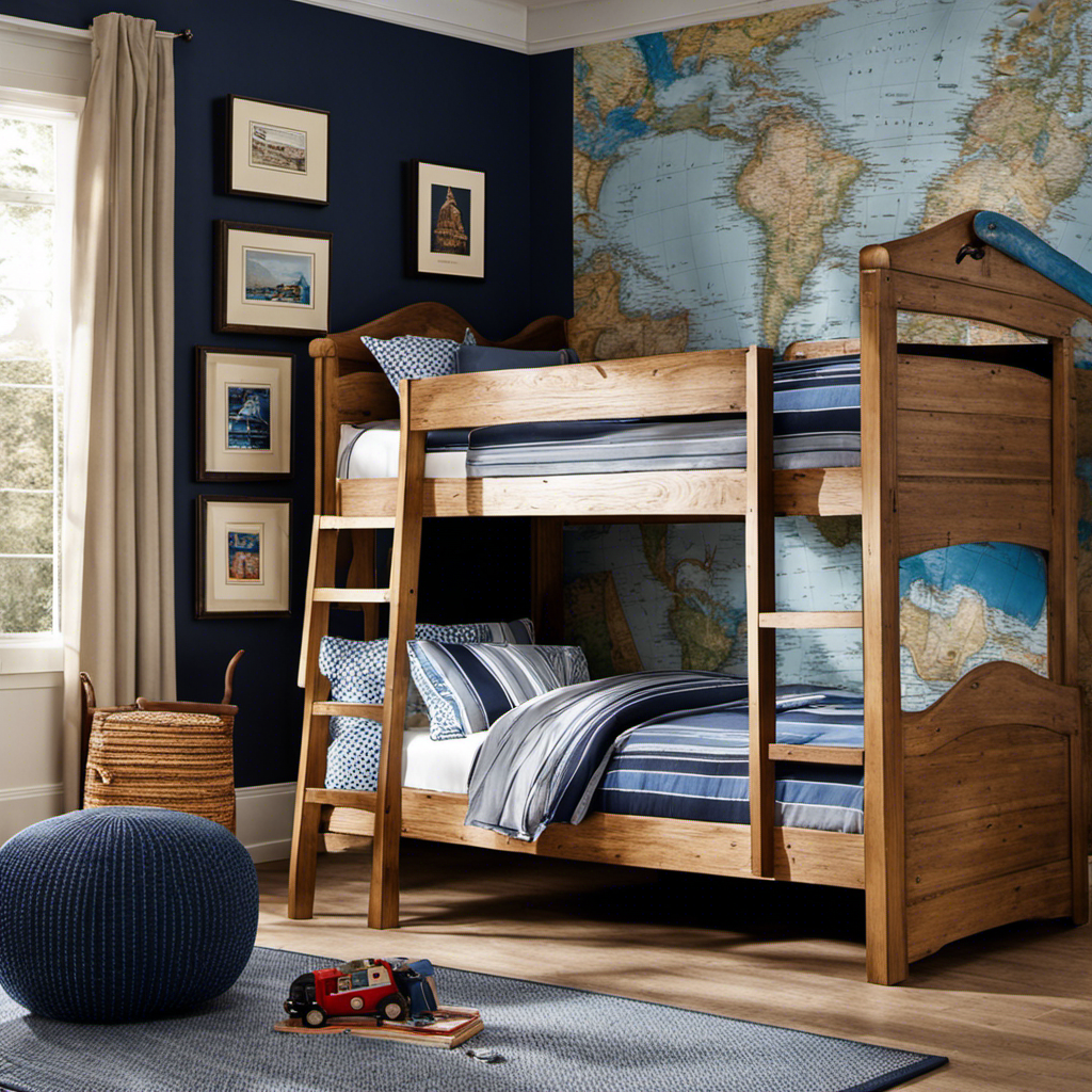 An image showcasing a vibrant boy's room with a nautical theme – a striped blue and white bedding on a wooden bunk bed, a ship-shaped bookshelf filled with adventure books, and a wall adorned with framed vintage maps