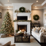 An image showcasing a cozy living room with a beautifully adorned fireplace mantel