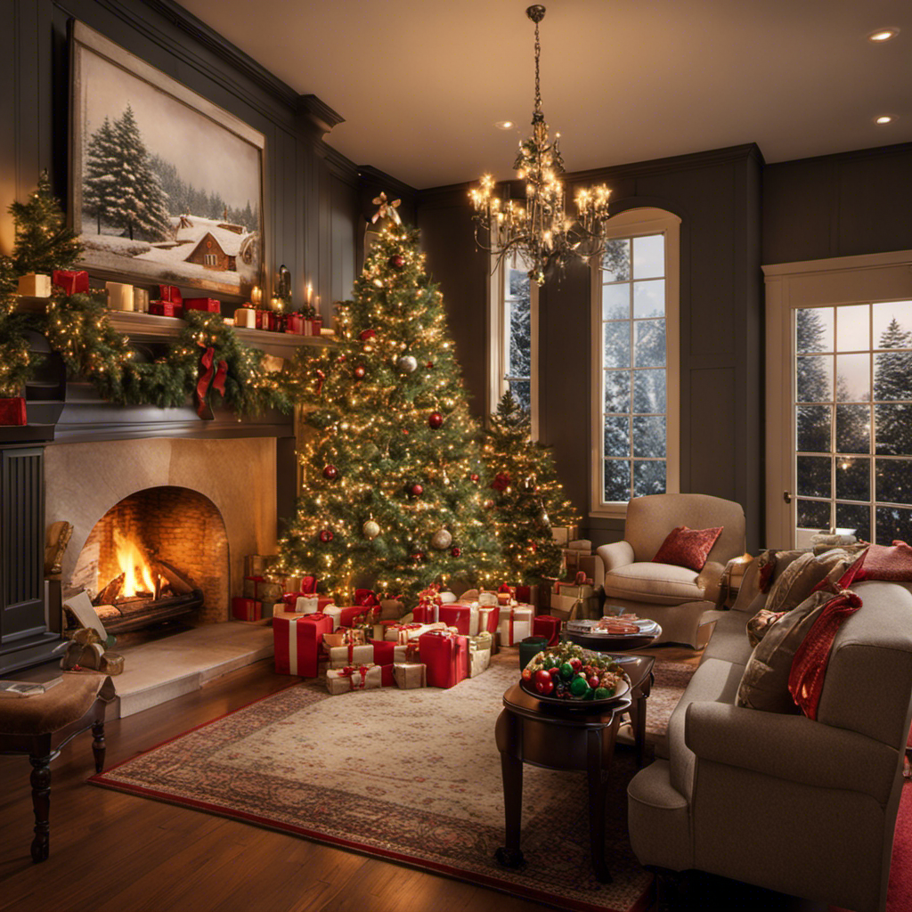 An image showcasing a cozy living room adorned with a grand Christmas tree, elegantly wrapped presents, twinkling lights cascading down a staircase banister, and a crackling fireplace casting a warm glow