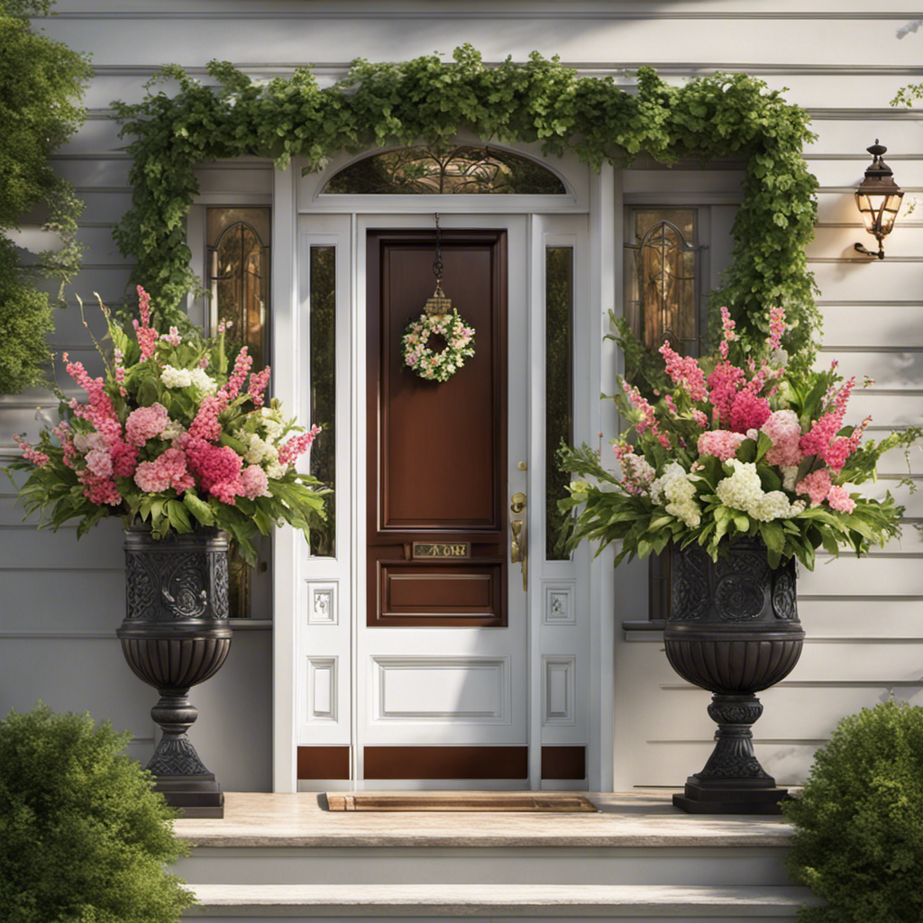 An image capturing a beautifully adorned front door, showcasing a vibrant wreath with spring blossoms, flanked by symmetrical potted plants