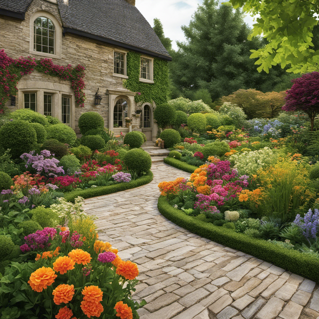 An image showcasing a lush garden adorned with charming stone bricks