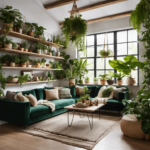 An image showcasing a cozy living room bathed in warm natural light, adorned with lush green plants of varying heights and textures