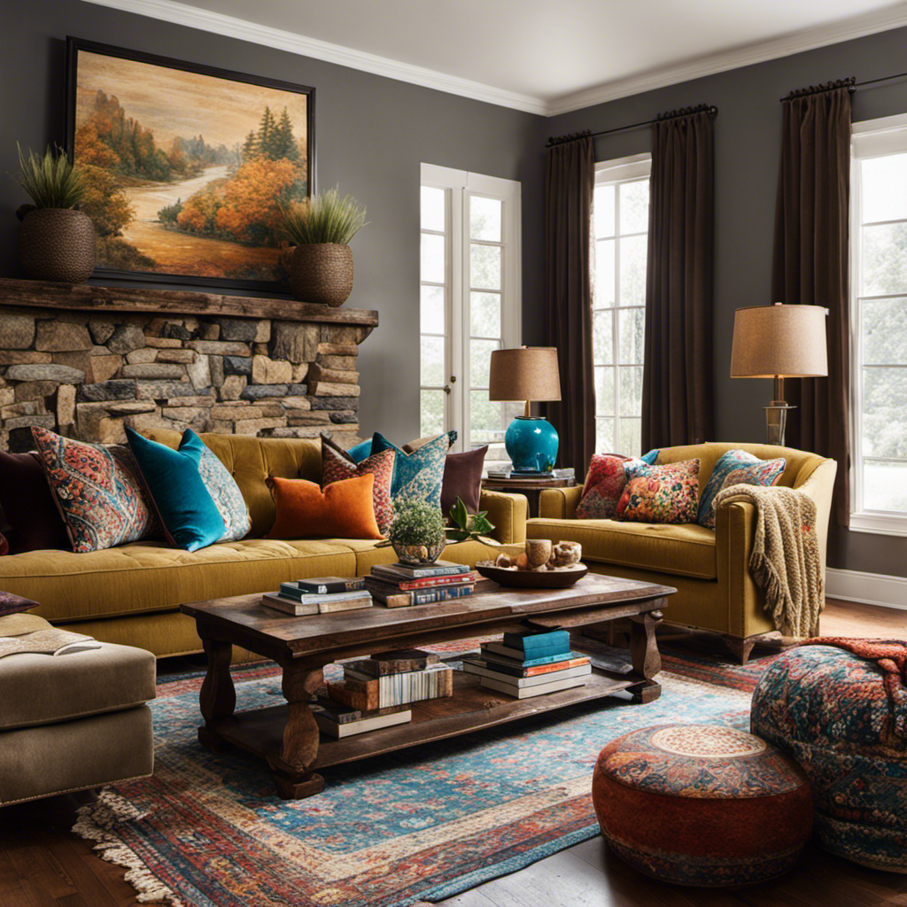 An image showcasing a cozy living room adorned with plush velvet couches, adorned with vibrant patterned throw pillows, a rustic wooden coffee table adorned with a stack of books, and a soft, woven rug on the floor