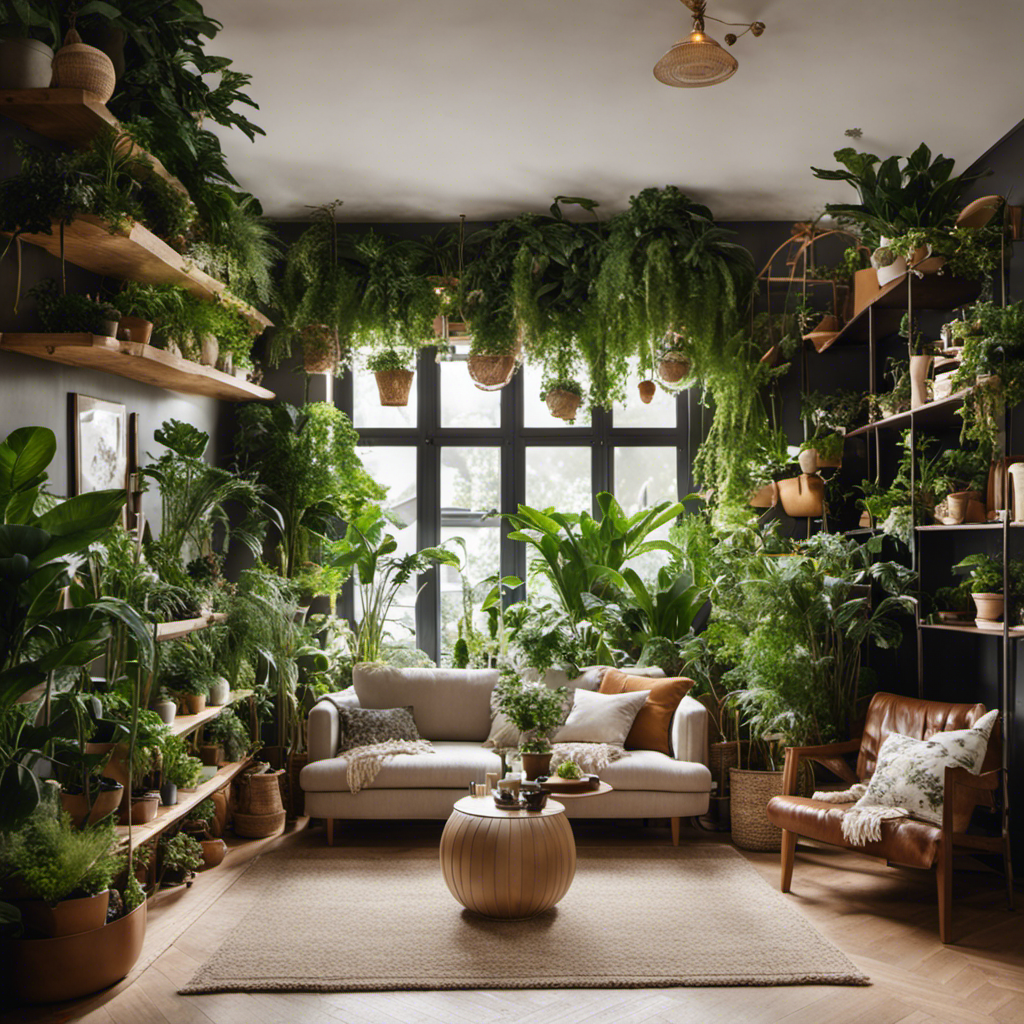 An image showcasing a cozy living room adorned with lush greenery