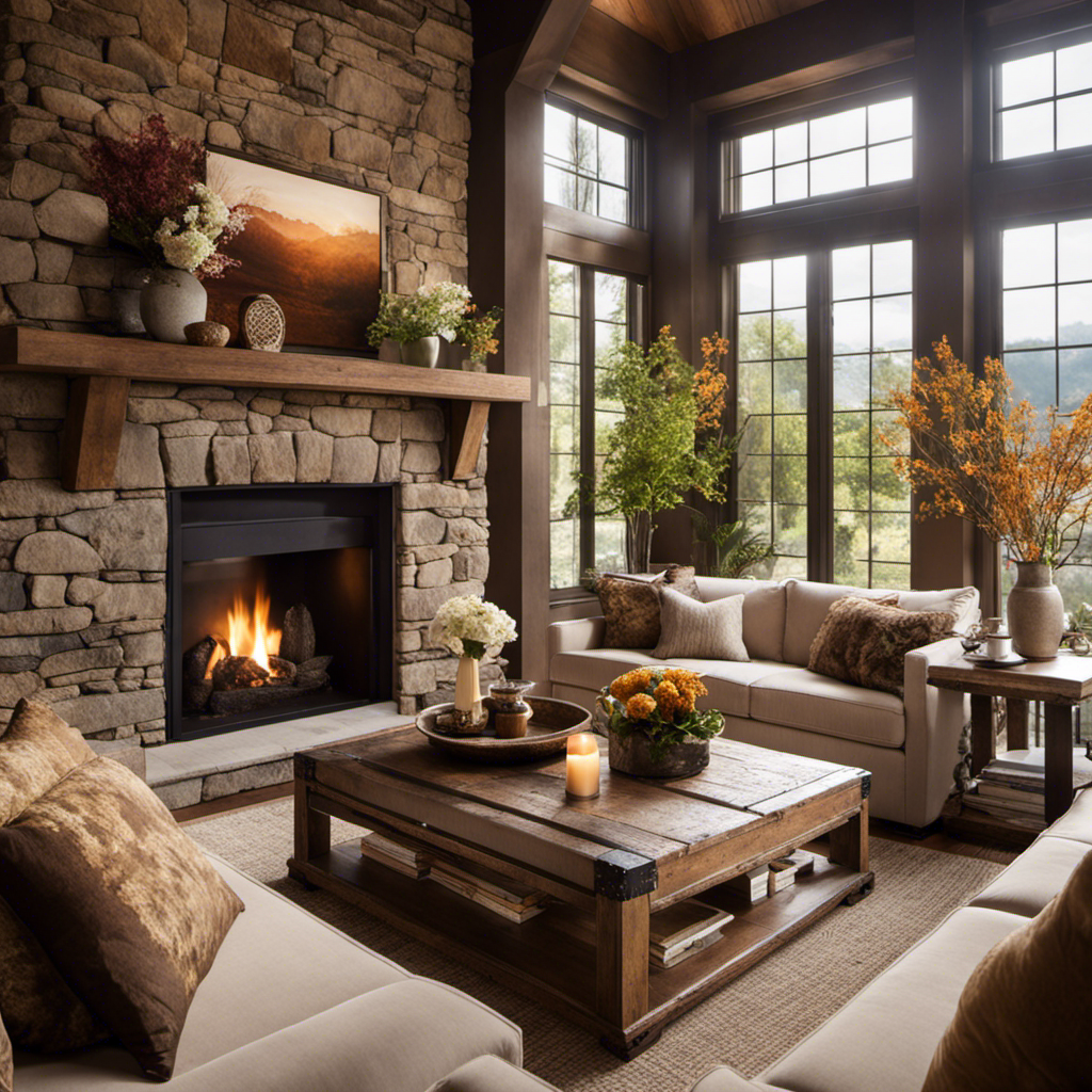 An image that showcases a cozy living room adorned with plush, earth-toned cushions, a rustic wooden coffee table adorned with fresh flowers, and warm ambient lighting pouring in through large windows