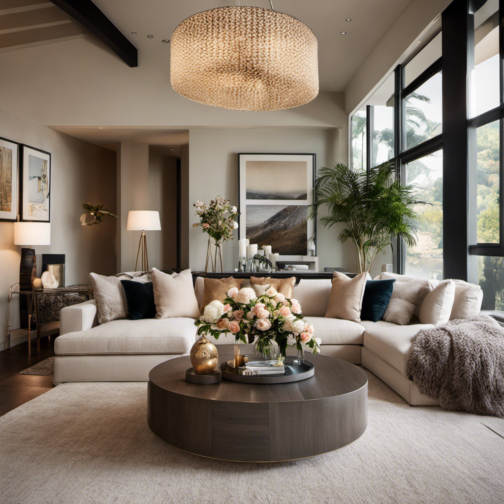 An image showcasing a cozy living room with a plush, neutral-colored sectional sofa adorned with textured throw pillows, an elegant coffee table displaying a vase of fresh flowers, and warm, ambient lighting from a modern floor lamp