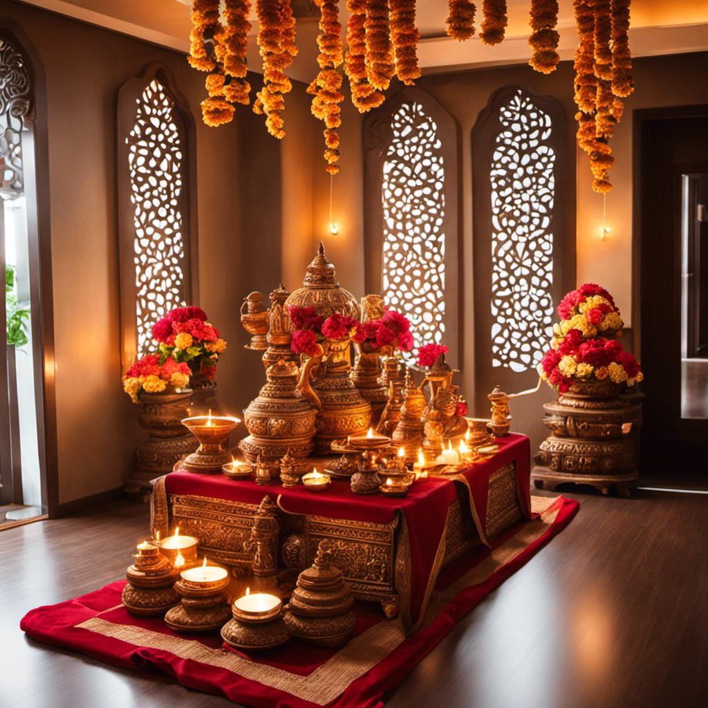 An image showcasing a serene and ethereal Puja room, adorned with fragrant flowers, flickering diyas, and intricately carved idols, exuding a tranquil ambiance that invites devotion and spiritual connection