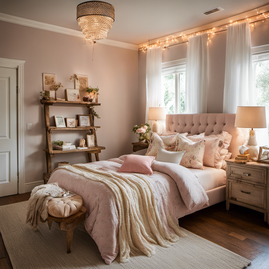 An image showcasing a cozy bedroom with soft, pastel-colored walls adorned with delicate fairy lights