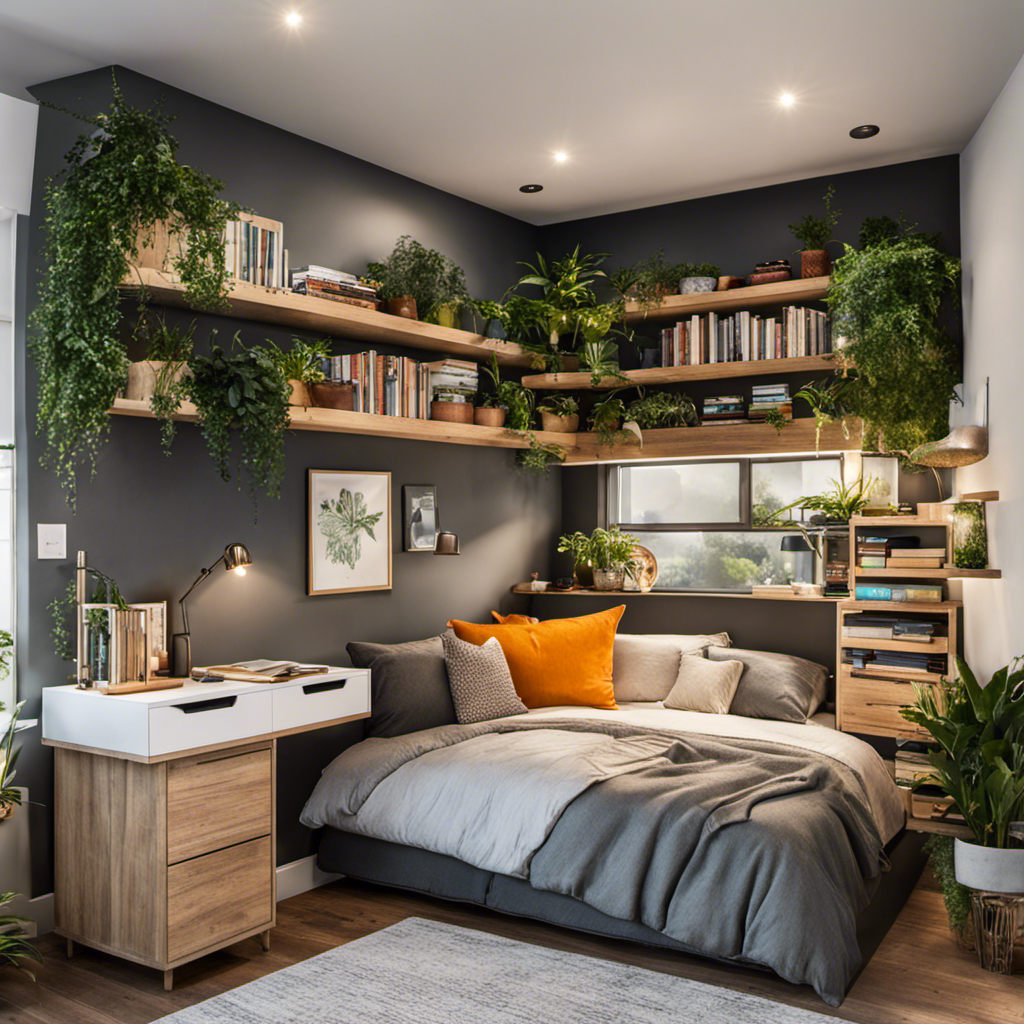 An image showcasing a cozy small bedroom with clever space-saving solutions