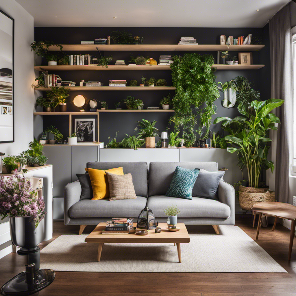 An image showcasing a cozy small living room with clever space-saving solutions, such as a multi-functional sofa bed, floating shelves displaying vibrant plants, and a stylish compact coffee table surrounded by comfortable seating
