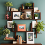An image showcasing an assortment of beautifully arranged wall shelves adorned with vibrant potted plants, elegant picture frames, charming trinkets, and a collection of colorful books, perfectly illustrating the art of wall shelf decoration