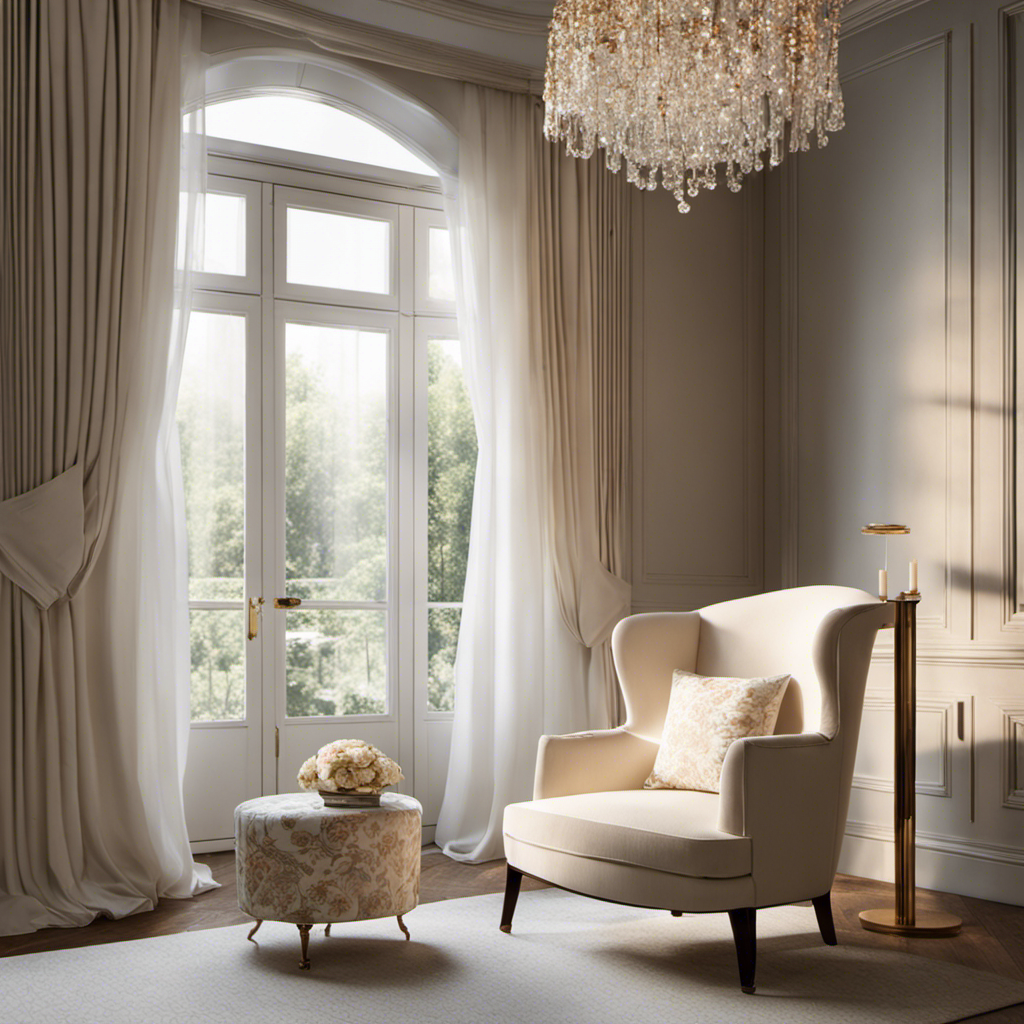 An image showcasing a room with a large window adorned with floor-length, billowing white curtains