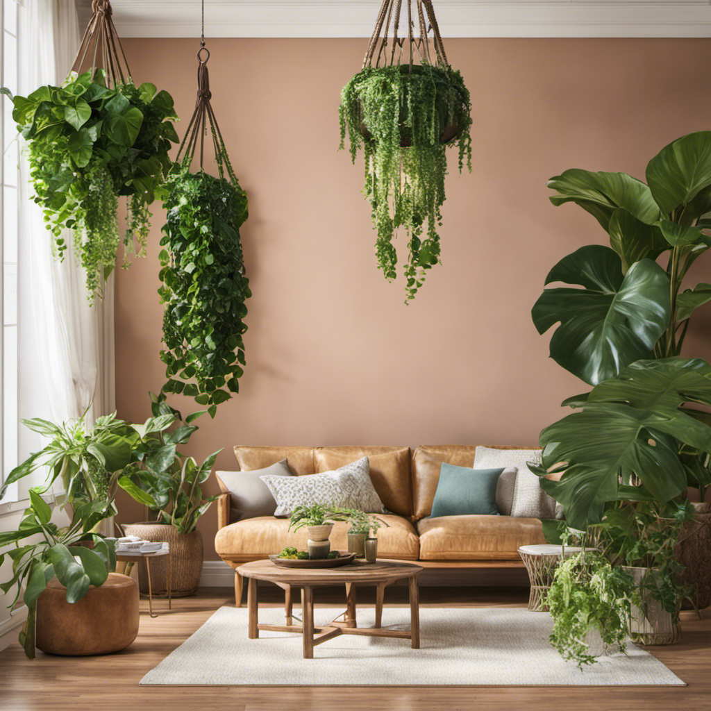 An image showcasing a sun-drenched living room adorned with lush, trailing ivy cascading from macrame plant hangers, vibrant monstera leaves gracing a wooden shelf, and a potted fiddle leaf fig stealing the spotlight