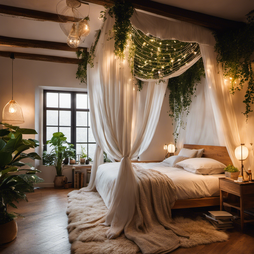 An image showcasing a serene bedroom adorned with a plush, white duvet, soft pillows, and delicate fairy lights cascading from a canopy above a wooden bed frame, surrounded by potted plants and vintage books