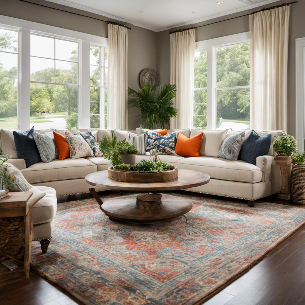 An image showcasing a cozy living room adorned with a plush sectional sofa, adorned with vibrant patterned throw pillows