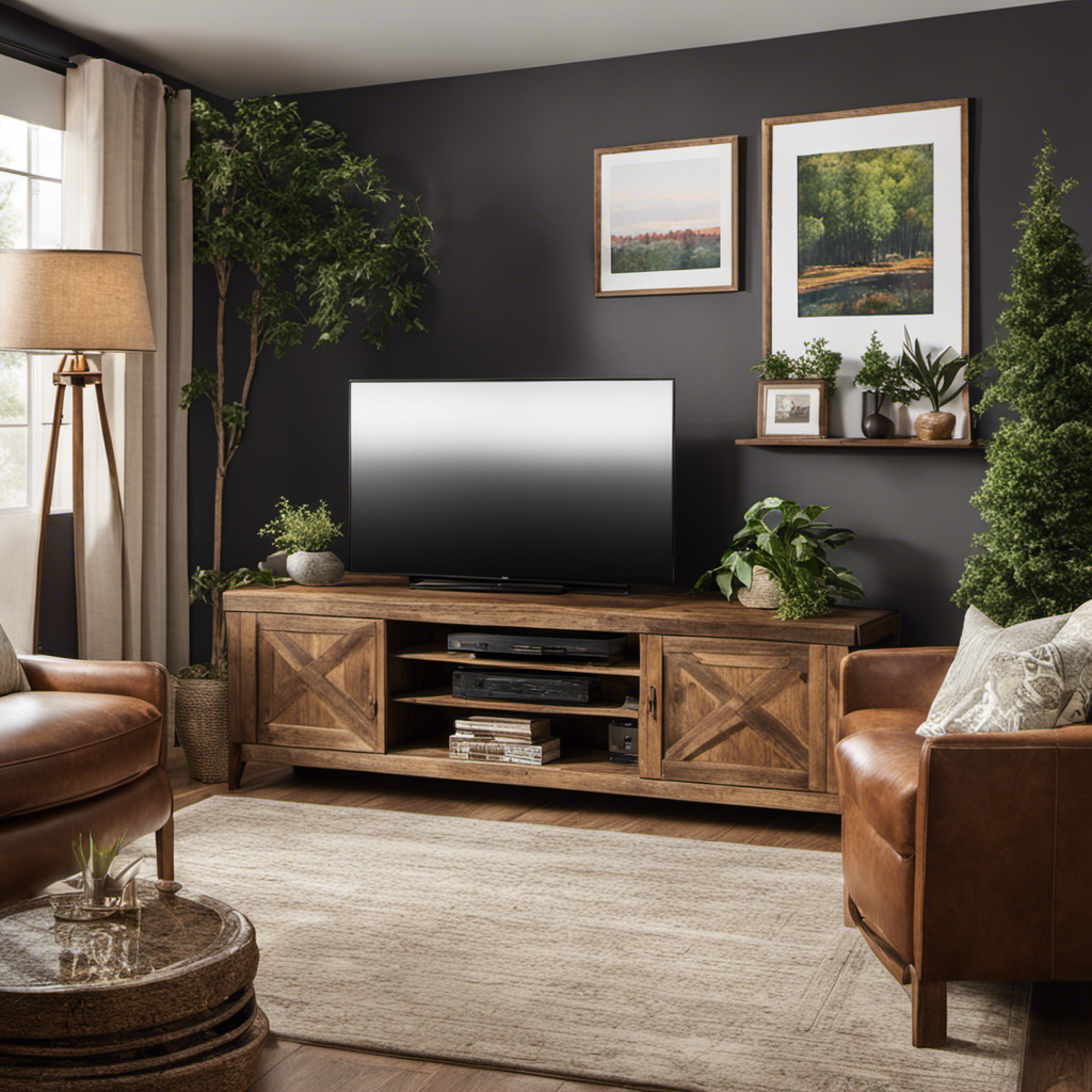 An image showcasing a cozy living room setup with a mounted TV above a rustic wooden console, adorned with framed artwork, potted plants, and warm string lights, adding a touch of elegance and comfort to your entertainment space