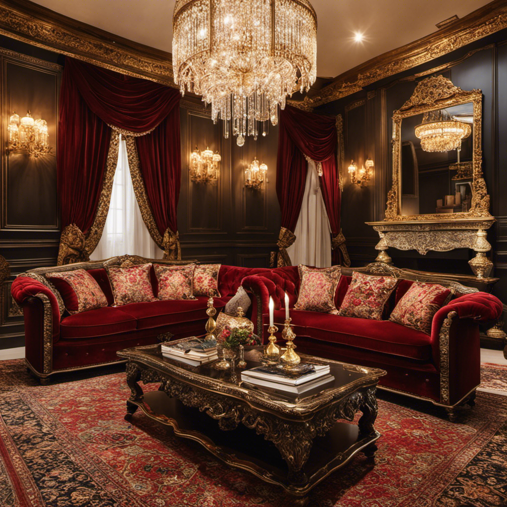 An image capturing the enchanting decor of a cozy living room, adorned with plush velvet sofas, intricate Persian rugs, ornate gilded frames, and delicate crystal chandeliers