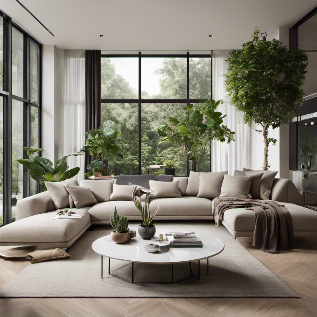 An image showcasing a minimalist living room: a sleek, neutral-toned sofa with plush cushions, surrounded by contemporary artwork and a geometric rug