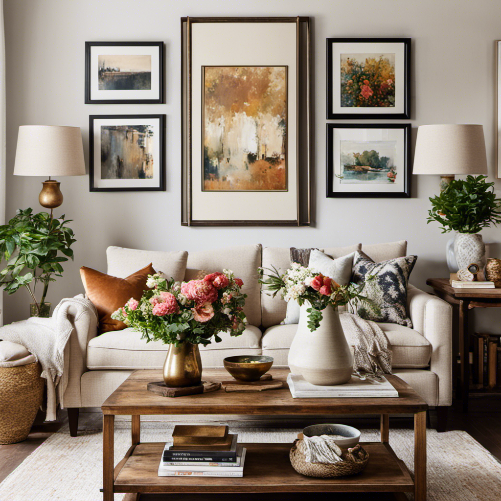 An image showcasing a cozy living room with a rustic wooden coffee table adorned with a vintage vase of fresh flowers, complemented by a neutral-colored sofa and a gallery wall displaying eclectic artwork