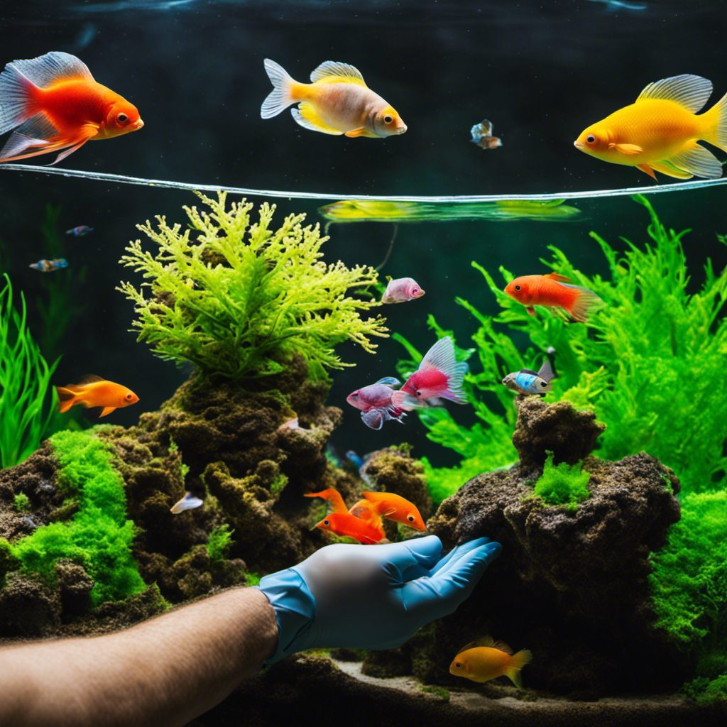 An image that showcases a pair of gloved hands meticulously scrubbing aquarium decor with a soft brush under running water, surrounded by bottles of aquarium-safe disinfectant and a clean sponge